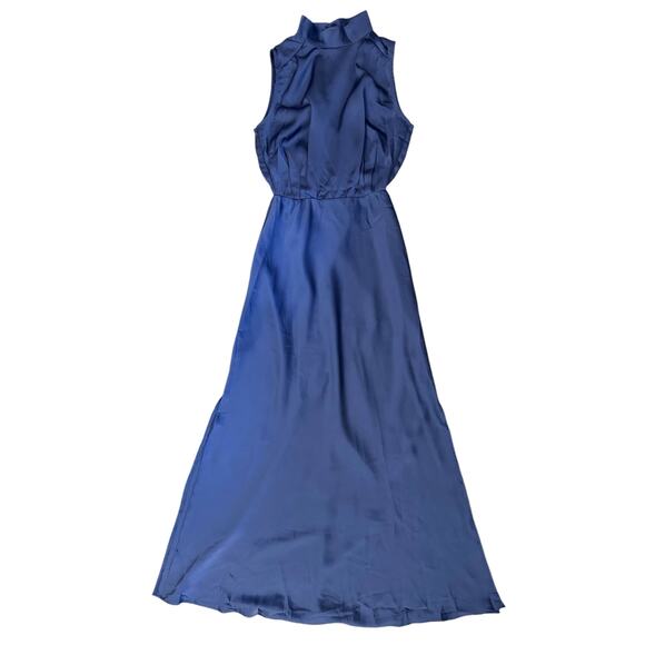Lulu's Women's XS Classic Elegance Blue Satin Sleeveless Mock Neck Maxi Dress - Picture 3 of 11